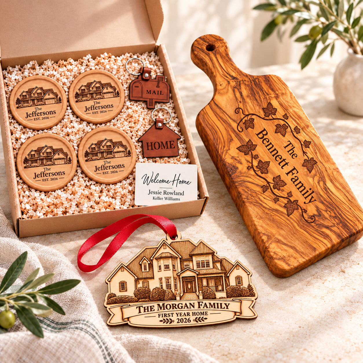 Essential gift set, personalized olive wood paddle board, and custom house ornament with a red ribbon